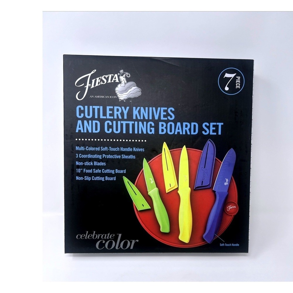 Fiesta Cutlery Knives and Cutting Board Set 7 Piece Celebrate Color Open Box